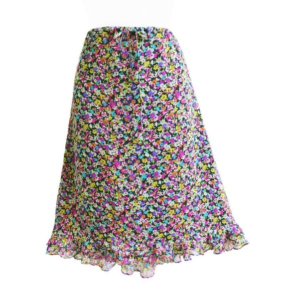 Silk Vintage Floral Midi Skirt Lined Ruffled Hem A Line Elastic Pull On Waist - Picture 7 of 9